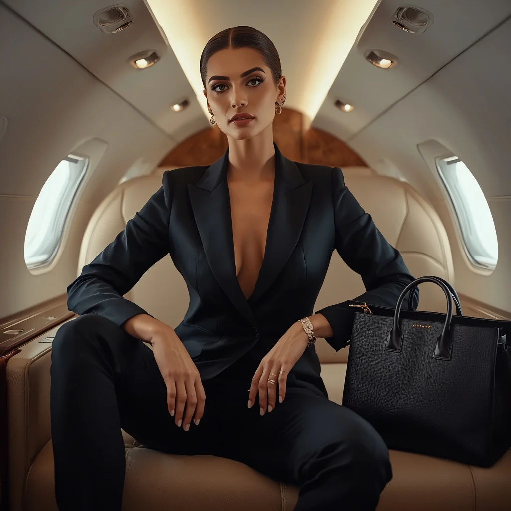 Elegant Woman Portrait: Editorial in a Sleek Private Jet Interior | Prompt for traditional look for girl chatgpt instagram — AI image prompt