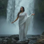 Ethereal Indian Woman in a White Sheer Saree by a Waterfall | prompt for girl photo editing