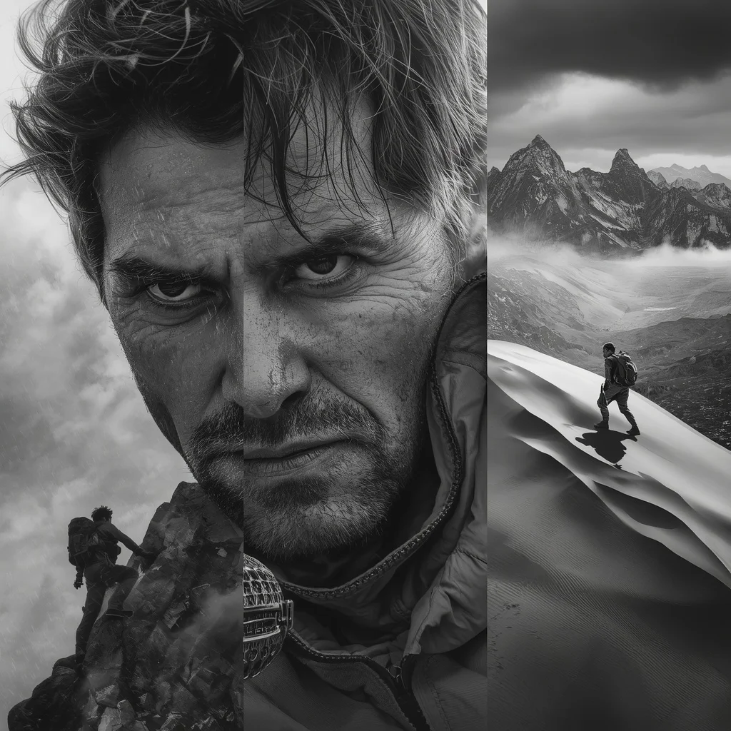 Powerful Monochrome Collage: A Rugged Man's Epic Adventurous Journey | gemini ai prompt copy paste — AI image prompt