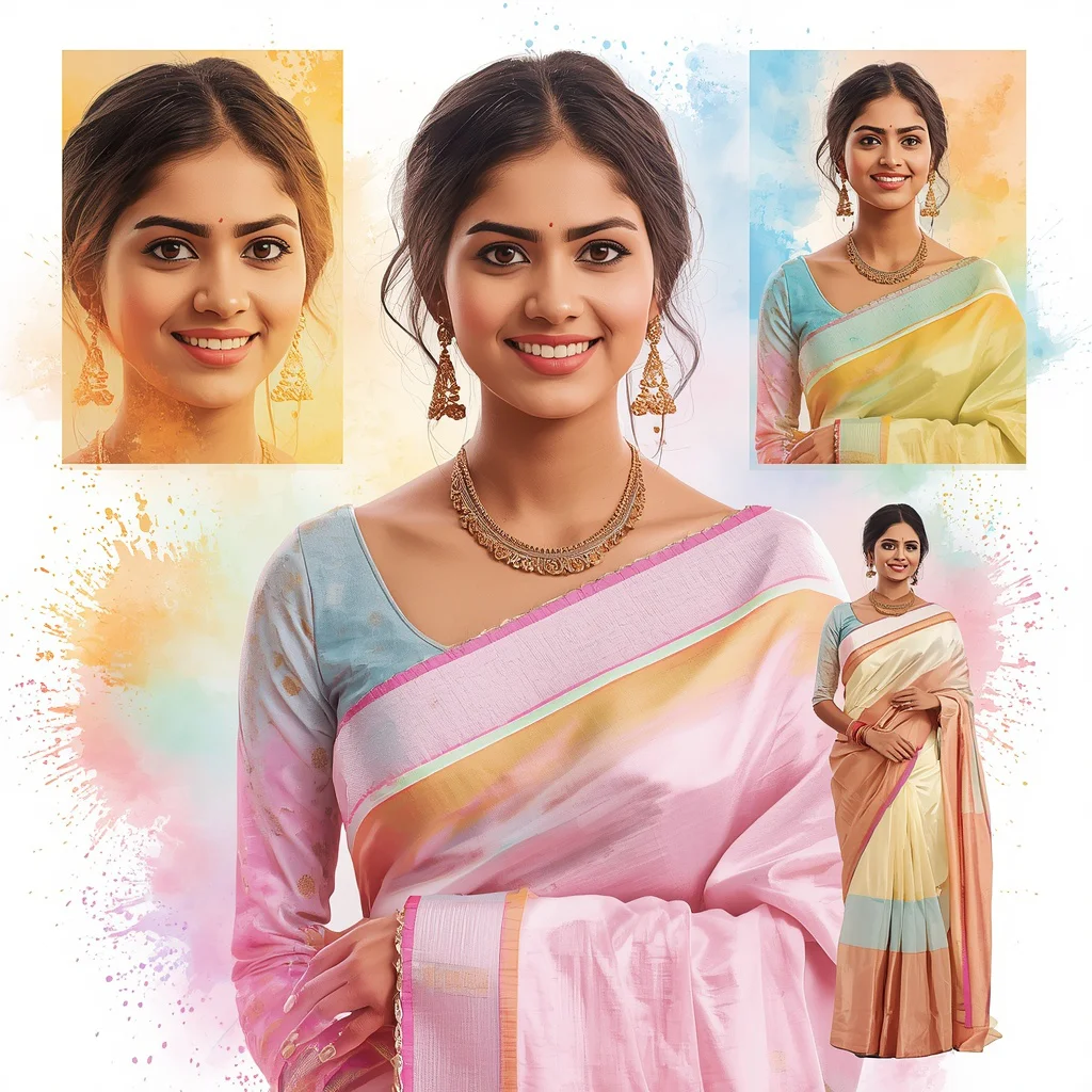 Vibrant Pastel Color Splash Around an Indian Woman | instagram prompt for girls in saree — AI image prompt